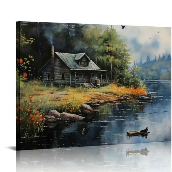 JRXY Canvas Wall art Village Prints Pictures Farmhouse Mountain Lake Nature Wall Art for Living Room Bedroom Decor 20x16in