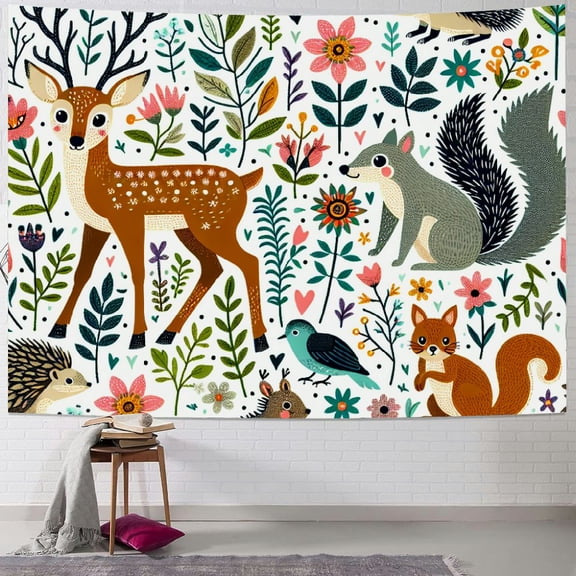 JRXY Cartoon Forest Animals Sherpa Soft Warm Deer Rabbit Owl Fox Print Tapestry Painting