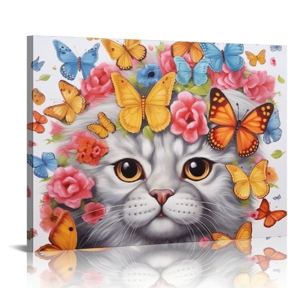 JRXY  Cat Butterfly Canvas Wall Art: butterfly bathroom decor kitty posters wearing butterflies band cute animals canvas art for baby bedroom Framed Ready To Hang  20x16in