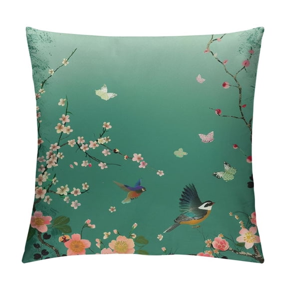 JRXY Cherry Blossoms Throw Pillow Covers Bird Spring Blooming Flowers Sakura Green Background Square Pillowcases for Home Decor Sofa Car Bedroom Pillow case White
