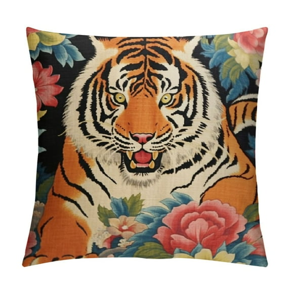 JRXY  Chinoiserie Pillow Covers Tiger Colorful Floral Throw Pillows Cover Rustic Animal Print Pillowcase Cushion Farmhouse Home Decorative for Couch Bed Sofa Chair Car Gift White