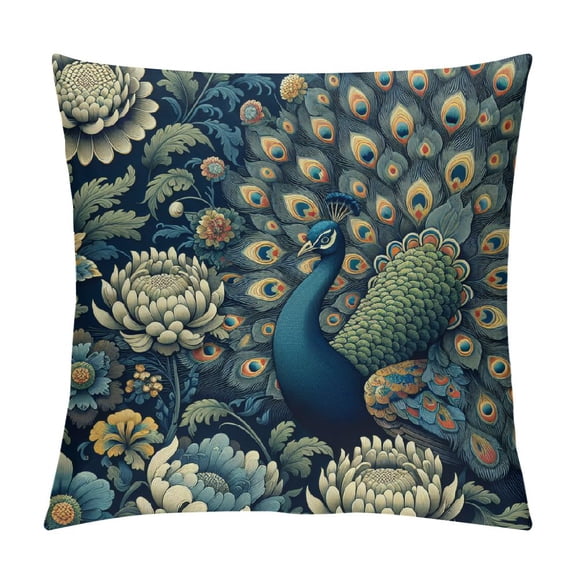 JRXY Chinoiserie Throw Pillow Cover Blue Peacock Square Cushion Cover Asian Style Decorative Pillow Home Oriental Pillowcase for Sofa Couch Bedroom Car Home 22x22in