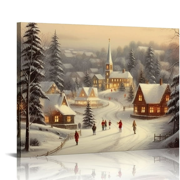 JRXY Christmas Canvas Wall Art, Framed Rustic Christmas Tree Pictures for Wall Decor, Winter Snowy Village Artwork Prints, Christmas Snowscape Painting for Festive Holiday Room Decor 20x16in