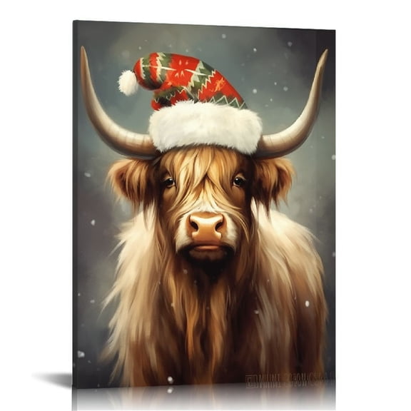 JRXY Christmas Highland Cow Wall Art Framed Farm Animal Canvas Print Hairy Highland Cow Painting Holiday Picture Wall Decor for Home Bathroom Nursery Decorations 12x16 in