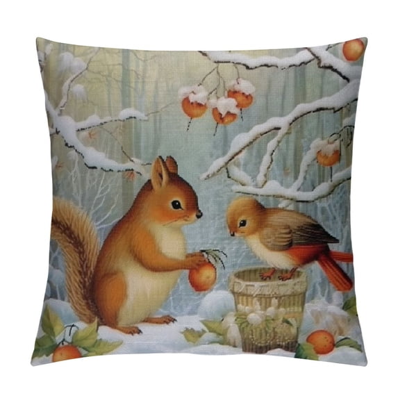 JRXY  Christmas Pillow Cover Throw Pillow Case Christmas Decorations Decoraciones Winter Squirrel Bird Home Decor for Sofa Livingroom Couch White