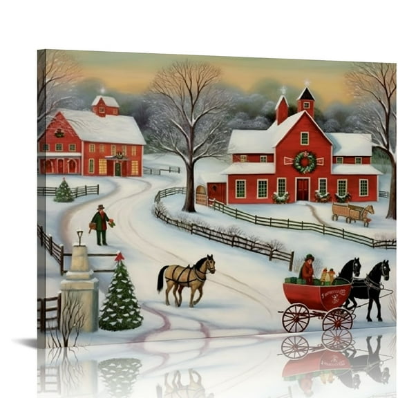 JRXY Christmas Tree Farm Wall Art Country Winter Scene with Red Barn Charming Decor Premium Gallery Wrapped Canvas Decor 16 x 12 16x12in
