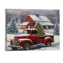 JRXY Christmas Tree and Old-Fashioned Red Pick-Up Truck Winter Scene Art Print Canvas Wall Art Home Decor (20 x 16 Inch) 20x16in