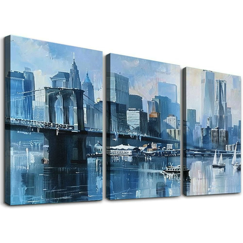 JRXY City Canvas Wall Art Abstract Cityscape Brooklyn Bridge, Skyline ...