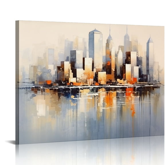JRXY City Canvas Wall Art, City Skyline Wall Art, Abstract Fantasy City Poster Print With Frame, Ready To Hang For Living room Bedroom Kitchen Office, Canvas Painting Wall Decor Framed 16x12in