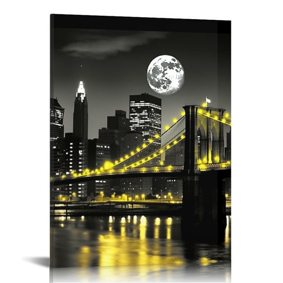 JRXY City Canvas Wall Art New York Night View Picture Giclee Canvas Prints Black and Gold Brooklyn Bridge Photo Painting Modern Stretched and Framed Cityscape Art Work Home Decoration 12x16 in