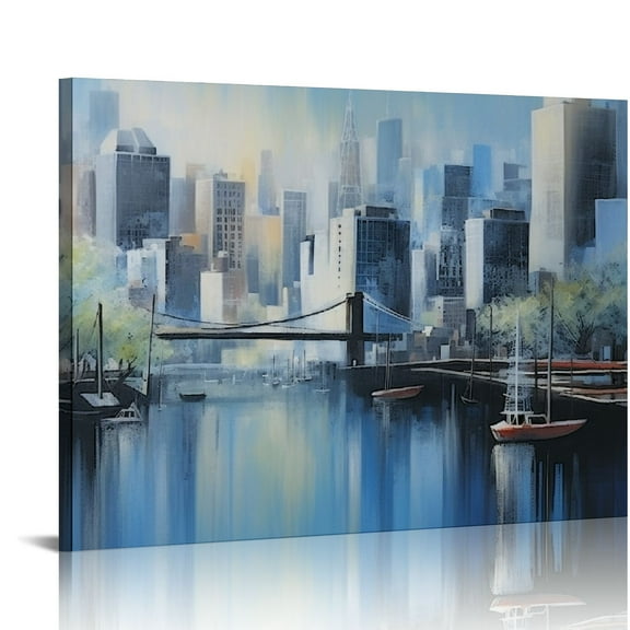 JRXY City Wall Art Abstract Navy Blue Canvas Painting New York Brooklyn Bridge Skyline Sailboat Picture Grey Textured Artwork Framed for Living Room Bedroom Office Home Decor 20x16in