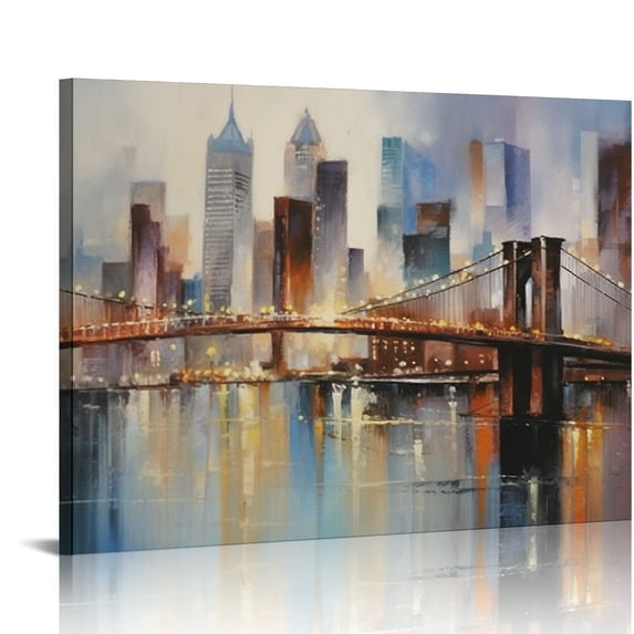 JRXY Cityscape Canvas Wall Art Abstract Skyline New York City Painting Prints, Modern Brooklyn Bridge Colorful NYC Picture Framed for Bedroom Living Room Home Office Wall Decor, 20x16 inch 20x16in