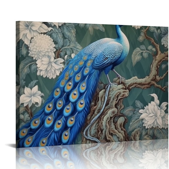 JRXY Classic Chinese Style Canvas Wall Art Navy Blue Chinoiserie Peacock Farmhouse Wall Decorations for Pub Bedroom Dining Room Kitchen Bathroom Stretched And Framed Canvas Paintings  20x16in