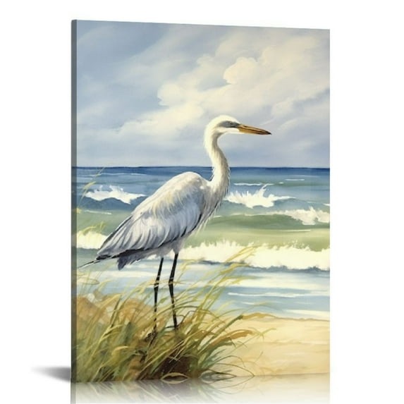 JRXY Coastal Sea Bird Wall Art Framed Blue Ocean Scene Picture Heron on Beach Wooden Painting Modern Home Office Decor 12x16