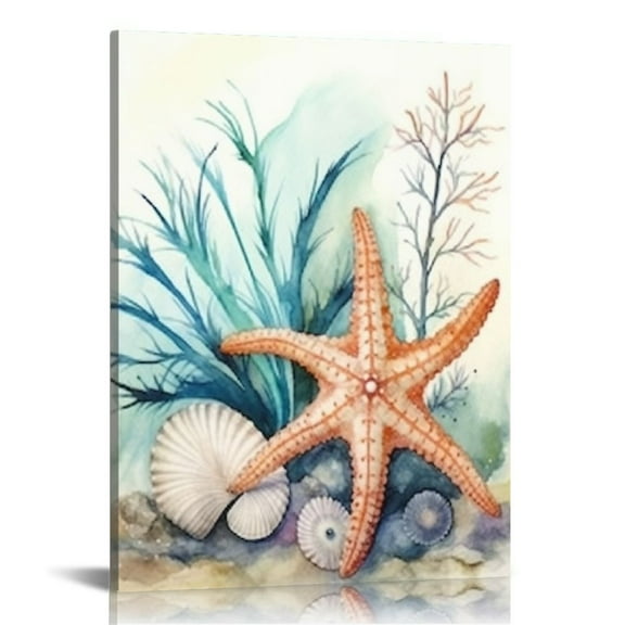 JRXY  Coastal Wall Art Canvas Paintings Shell Starfish Coral Conch Picture Watercolor Art Wall Decor Framed Prints Artwork for Bathroom Kitchen Office Living Room 12x16 in