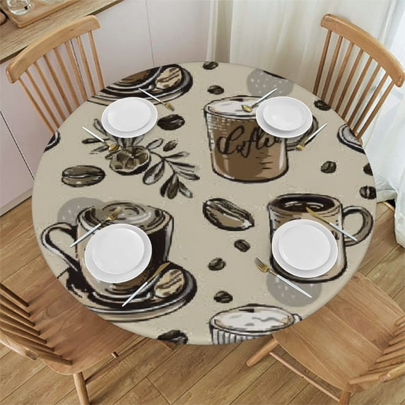 JRXY Coffee Theme Round Fitted Table Cover for Dining Tables,Elastic Edged Tablecloth Hot Coffee and Beans Retro Cup Waterproof Tables Cover Cloths for Kitchen Dinner,Party,Events White