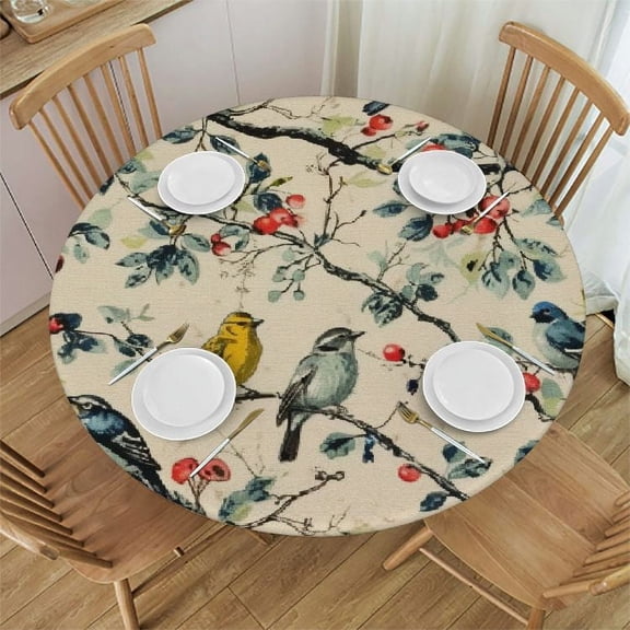 JRXY Colorful Bird Tablecloth Watercolor Birds Round Tablecloth Waterproof Dining Table Cloth Resistant Colorful Table Cloths for Parties Picnic Kitchen Patio Indoor Outdoor Tablecloth White