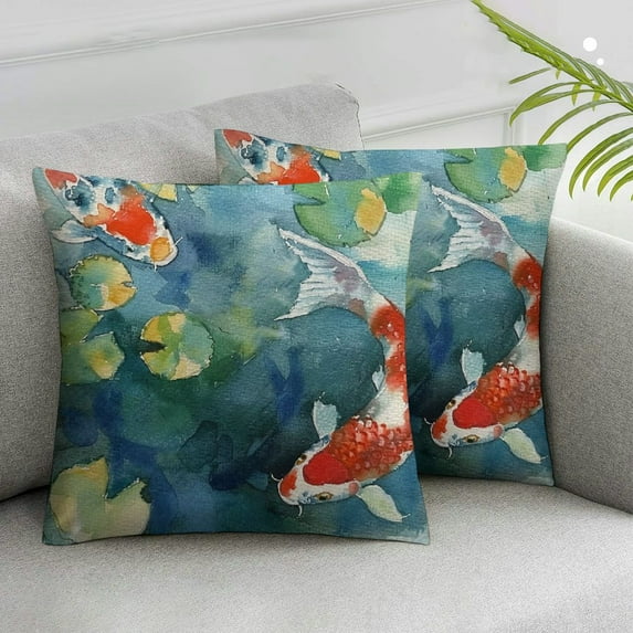JRXY Colorful Carp Fish Japanese Symbol Pond Watercolor Painting Orange Asian Rustic Farmhouse Decorative Throw Pillow Cover Square Cushion Case for Home Sofa Couch Decoration 2pcs White