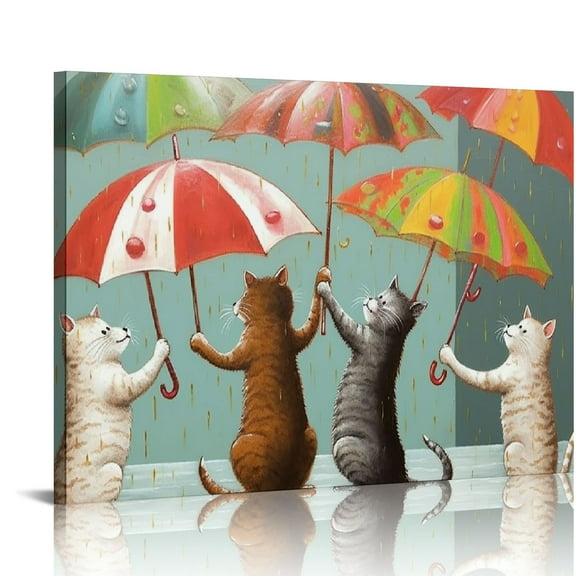 JRXY Colorful Cat Canvas Art Cute Kitty Dancing with Umbrella Cat Art for Walls  Cat Paintings Orange Kitty Picture Decor for Living Room Cat Picture Artwork for Girls Room Bedroom Bathroom  20x16in