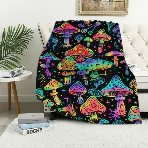 JRXY Colorful Mushrooms Blanket Enlarged Colorful Mushroom Plush Throw Blanket,Decor All Season, Rainbow Colorful Kawaii Fungus Flannel Blanket for Sofa Couch Bedroom Decor Throw White