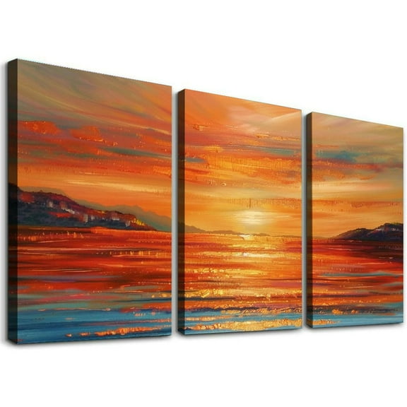 JRXY Colorful Ocean Sunset Abstract Beach Wall Art for Living Room Orange Red Warm Sunrise Artwork Bathroom Wall Decor Large Beach Posters Picture over the Bed,3 pcs 12x16x3pcs