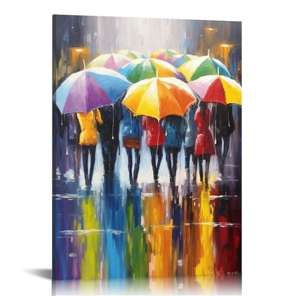 JRXY Colorful Umbrella Office Worker Walking in the Rain Canvas Print Wall Art Modern Landscape Home Wall Decor 16x20 in