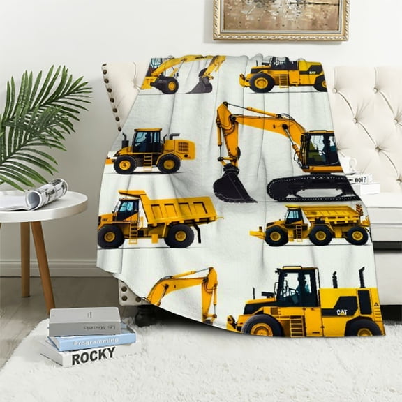JRXY Construction Site Throw Blanket Excavator Truck Flannel Sherpa Blanket Soft Comfort Plush Blankets for Women Men Adults White