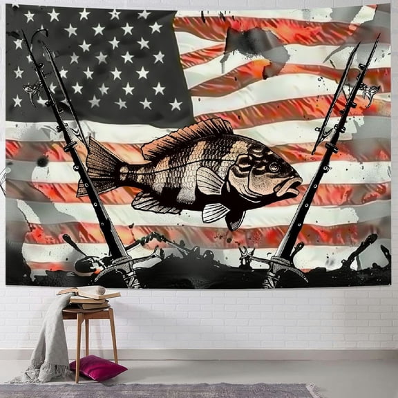 JRXY Country American Flag Fishing Tapestry, Rustic Hunting Camo Bass Fish Lake Black and White Tapestry Wall Hanging for Men Bedroom, Cabin Tapestries Poster College Dorm Home Decor Painting