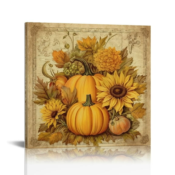 JRXY Country Fall Wall Art Thanksgiving Harvest Orange Pumpkin Yellow Sunflower Abstract Canvas Rustic Pictures Living Room Bedroom Office 12x12 in