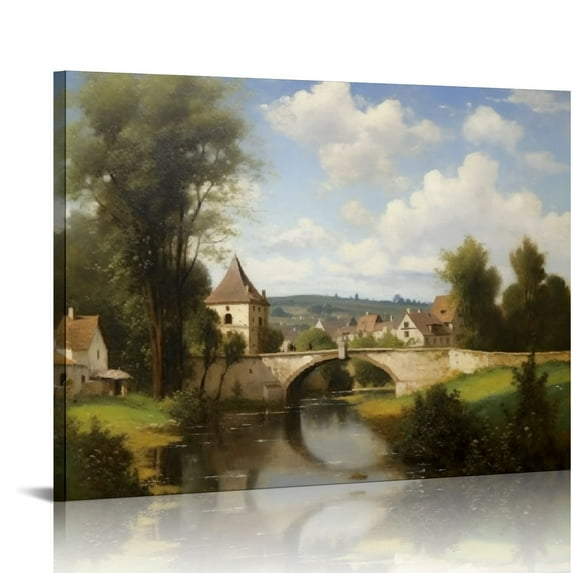 JRXY Countryside Scenery Artworks Canvas Print Office Home Wall Decor Bridge Village Wall Art Nature Landscape Print Pictures for Living Room Ready to Hang pattern2