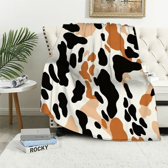 JRXY Cow Print Blanket Cozy Soft Warm Plush Brown Cow Throw Blanket Fleece Flannel Fuzzy Lightweight Cow Blankets All-Season Couch Sofa 50"x60" Cow Gifts Blanket for Adults Kids Boys Teens White