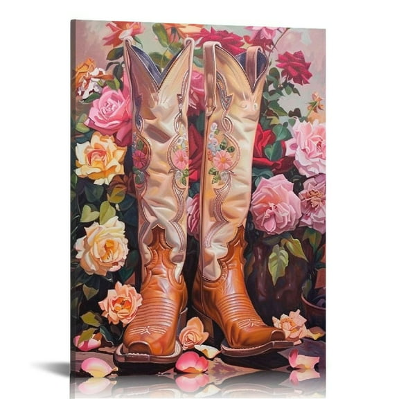 JRXY Cowgirl Canvas Wall Art Cowboy Boots Poster Colorful Flowers Poster Pink Western Pictures Vintage Aesthetic Poster Pink Cowgirl Wall Art Funky Trendy Prints Vintage Preppy Wall Art 12x16 in