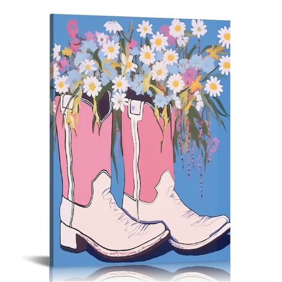 JRXY Cowgirl Canvas Wall Art Pink Western Picture Blue Funky Wall Art Cowgirl Western Posters Funny Preppy Art Cowgirl Aesthetic Wall Art Decor Aesthetic Preppy Artwork Cowboy Boots Poster 12x16 in