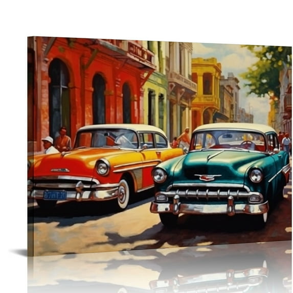 JRXY Cuba Havana Street Oil Painting Poster Canvas Picture Printing Art Decoration Living Room Bedroom Home Background Wall Decoration Framed 20x16in