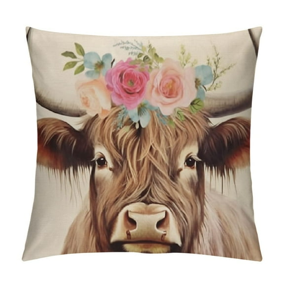 JRXY  Cute Animals Throw Pillow Covers Tibetan Plateau Baby Yak with Peonies Roses Flowers Green Leaves Garland Design Pillow Cushion Cover Farmhouse Rustic Home Sofa Pillowcase  White