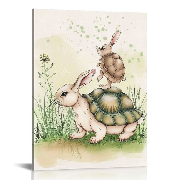 JRXY Cute Bunny Turtle Canvas Wall art, Funny Rabbit Riding on Tortoise Prints Poster, Whimsical Farm Animal Pictures, Funny Living Room Decor, Baby Girls Bedroom Nursery Decor 16x20 in