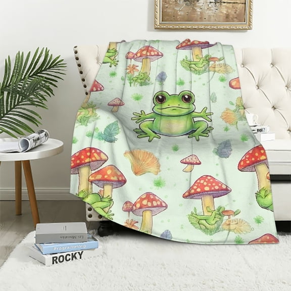 JRXY Cute Frog Mushroom Blanket Soft Fuzzy Flannel Plush Throw Blanket for Couch Sofa Bed Mushroom Decorative Blankets Funny Frog Mushrooms Gifts Blankets Swaddle Kids Blanket All Season  White