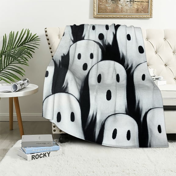 JRXY Cute Ghost Faces Spooky Theme Throw Blanket Soft Cozy Flannel Blanket for Women Adults Halloween Plush Cartoon Ghost Fuzzy Blanket for Sofa Bed Couch All Seasons 60x80in
