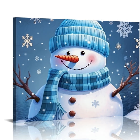 JRXY Cute Snowman Wall Art Canvas Decor for Living Room Bedroom Office, Framed Blue Christmas Snowflake Winter Holiday Picture, 12x16/16x20in 16x12in