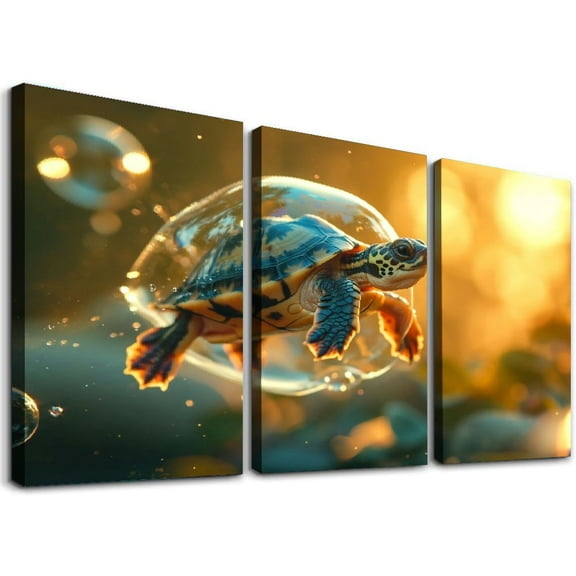 JRXY Cute Turtle Smiling Under The Sea Art Modern Canvas Wall Decor Painting 12x16in x3 12x16x3pcs