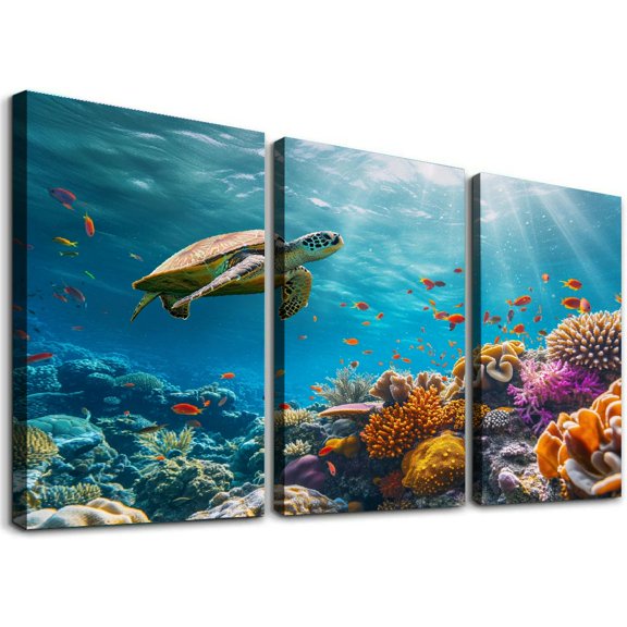 JRXY Cute Turtle Smiling Under The Sea Ready to Hang Canvas Wall Art 12x16in x3 12x16x3pcs