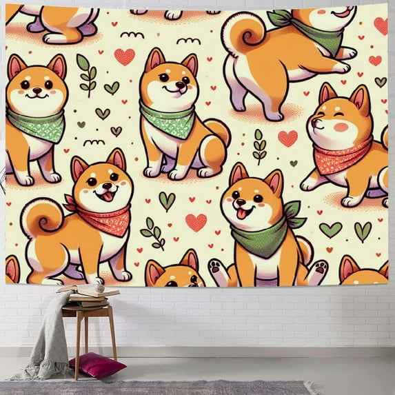 JRXY Cute Watercolor Dogs Pattern Shiba Inu Puppy Sherpa Reversible Tapestry Painting