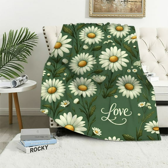 JRXY Daisy Grass Green Flower Decorative Flannel Fleece Blanket White