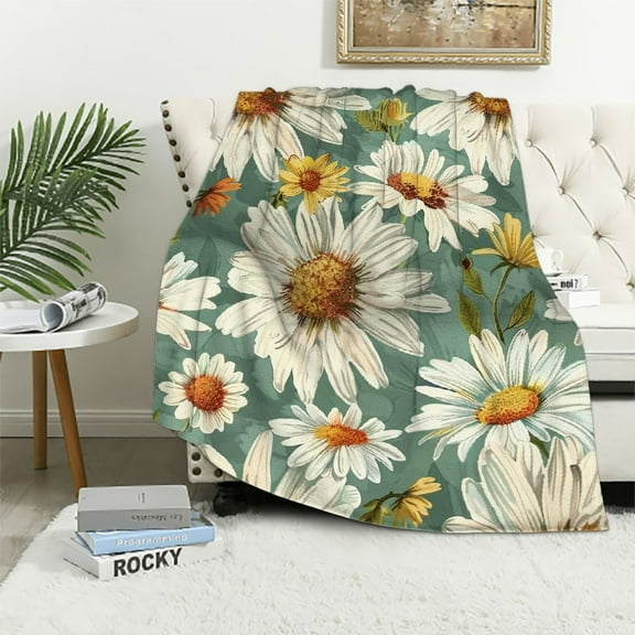 JRXY  Daisy Throw Blanket White Floral Blanket Throw Blanket for Couch Sofa Bed Soft Cozy Lightweight Fuzzy Plush Blankets Spring Summer Flower Decorations Blanket White