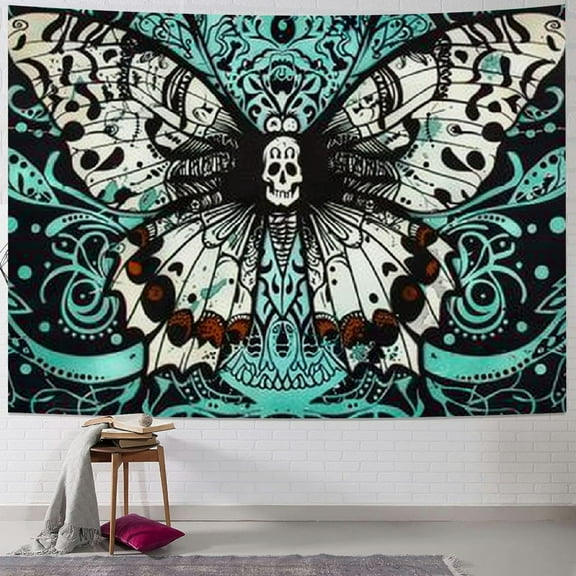 JRXY Death Moth Tapestry Skull Tapestry Butterfly Tapestry Gothic Skeleton Tapestry Blue Mandala Tapestry Wall Hanging for Room Painting