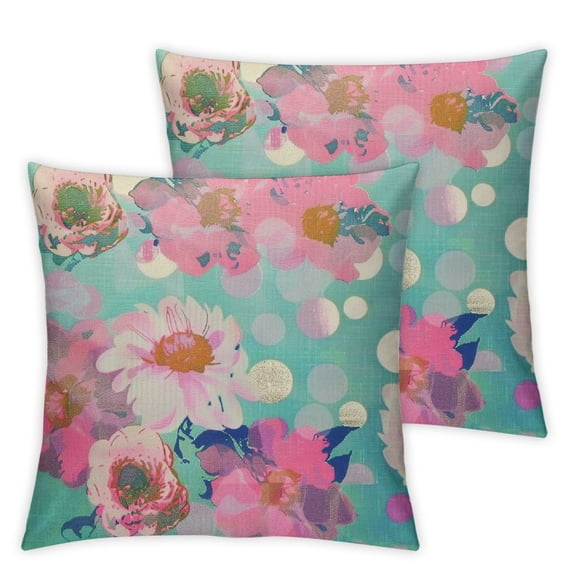JRXY  Decorative Throw Pillow Case Aqua Mint and Turquoise Romantic Pink Retro Floral Pattern Teal Polka Dots Pillowcase Cushion Cover One Side Design Printed Square Size&nbsp;2pc White