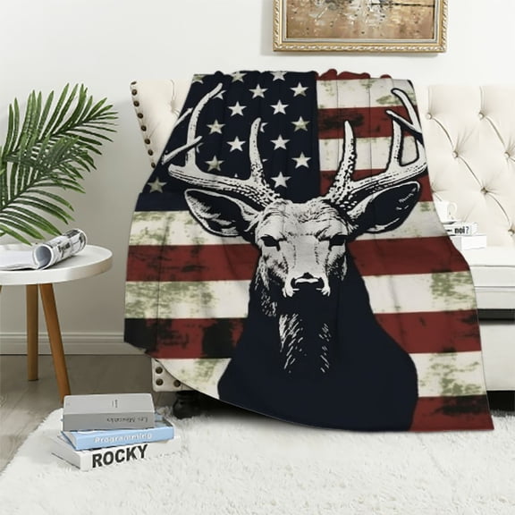 JRXY Deer Camo Camouflage American Flag Hunting Throw Blanket Flannel Super Soft Warm Blankets Home Decor All Season for Bedroom Couch Living Room Large White
