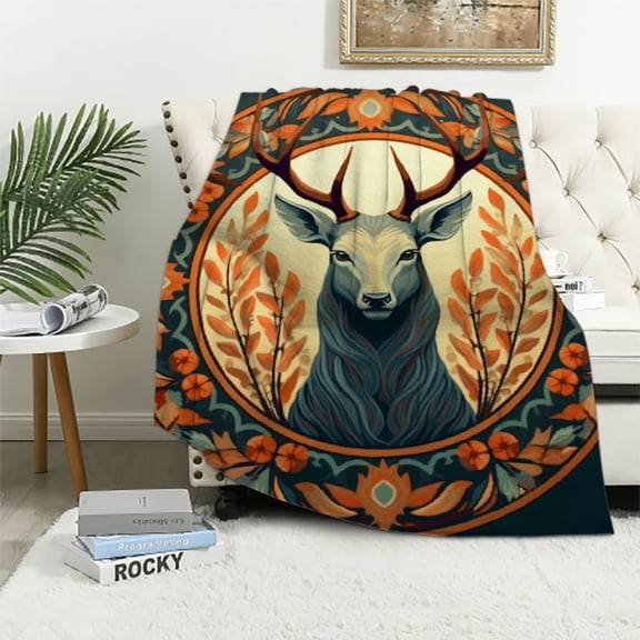JRXY  Deer Head and Antlers in Floral Framed Throw Blanket, Symmetrical Balanced Pattern Hunting Animal Throw Blanket, Thin Plush Flannel Fabric, Single-Sided Printed White
