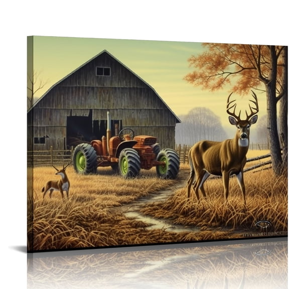 JRXY Deer Wall Art for Living Room Canvas Prints Decor Decoration Deer Tractor Farm Wildlife Hunting Picture Glass Surface Artwork Ready to Hang for Bedroom Home Office 20x16 inch 16x12in