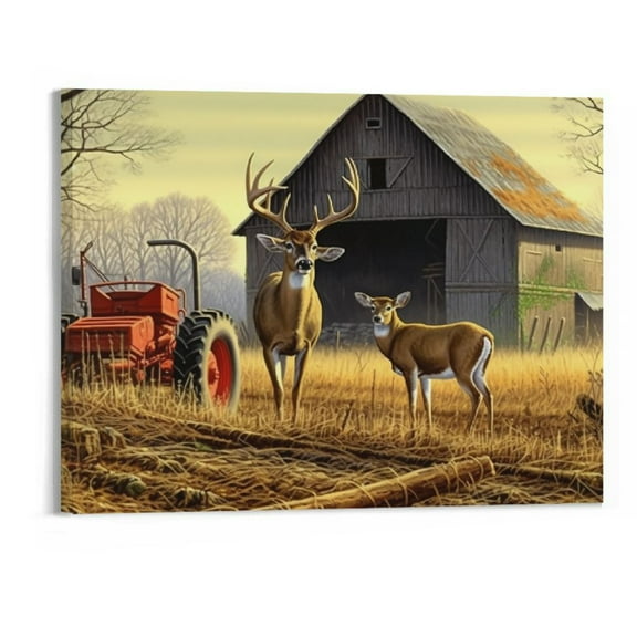 JRXY Deer Wall Art for Living Room Canvas Prints Decor Decoration Deer Tractor Farm Wildlife Hunting Picture Glass Surface Artwork Ready to Hang for Bedroom Home Office - 20x16 Inch 20x16in